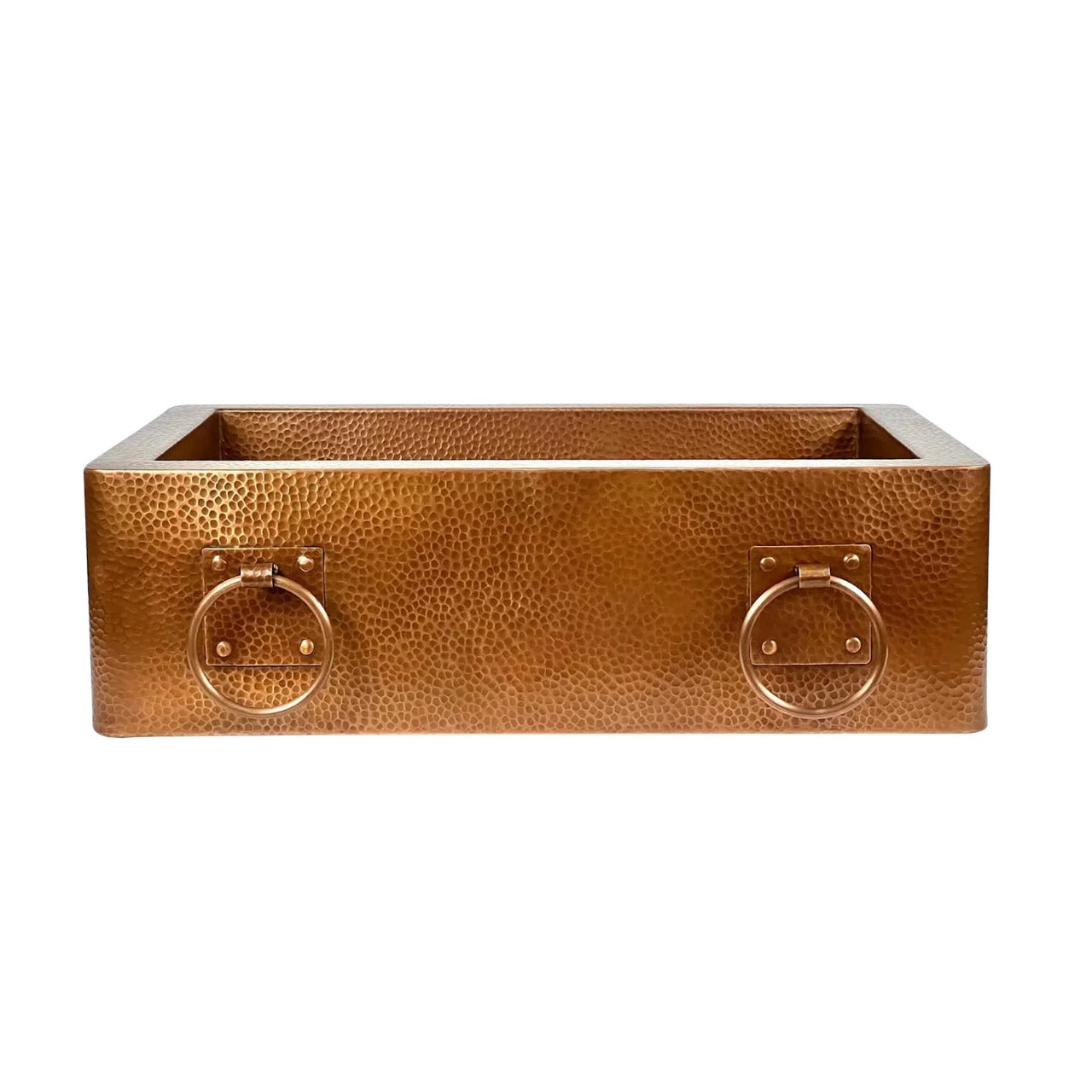 Handmade Copper Farmhouse Sink with Decorative Handles – Hammered Finish