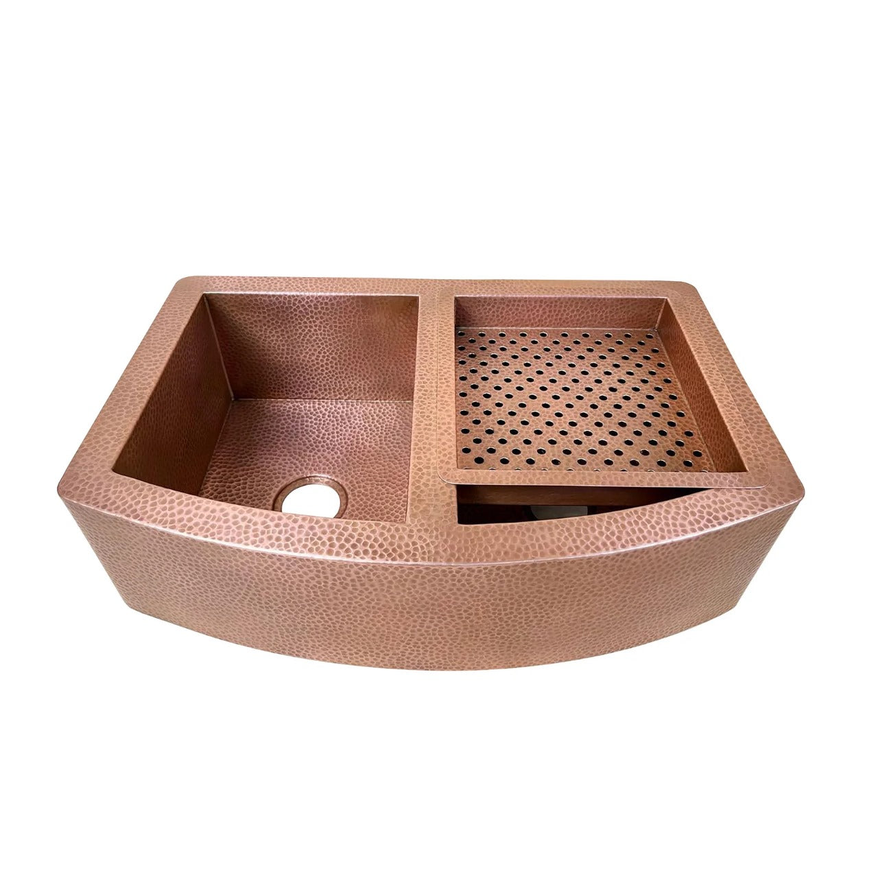 Handmade Copper Double Bowl Farmhouse Sink with Integrated Drainboard – Hammered Finish