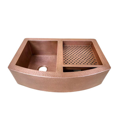 Handmade Copper Double Bowl Farmhouse Sink with Integrated Drainboard – Hammered Finish