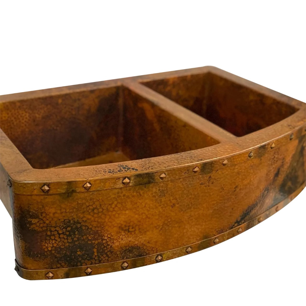 Handmade Copper Double Bowl Farmhouse Sink – Apron Front with Decorative Rivets