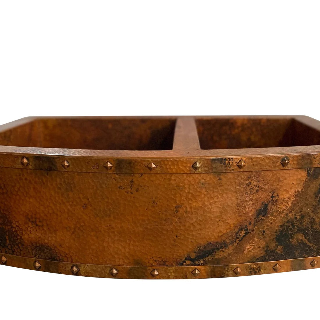 Handmade Copper Double Bowl Farmhouse Sink – Apron Front with Decorative Rivets