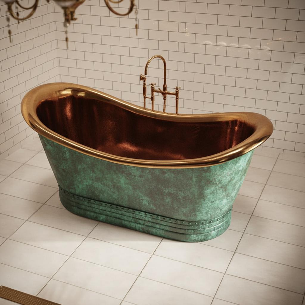 Vintage Green Copper Bathtub with Brass Interior – Freestanding Double Slipper Tub