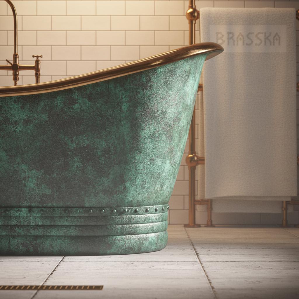 Vintage Green Copper Bathtub with Brass Interior – Freestanding Double Slipper Tub