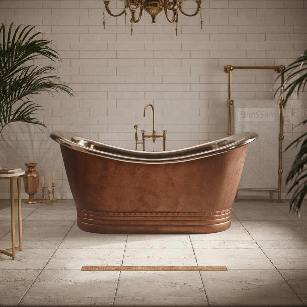 Vintage Copper Double Slipper Freestanding Bathtub – Handcrafted Luxury Soaking Tub