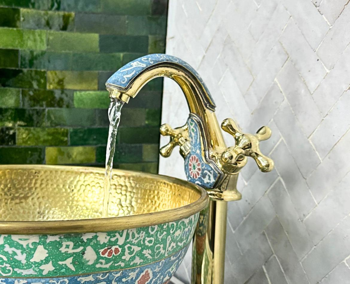 ARTISAN BRASS VESSEL SINK FAUCET – HANDCRAFTED BATHROOM TAP WITH COLORFUL RESIN ACCENTS