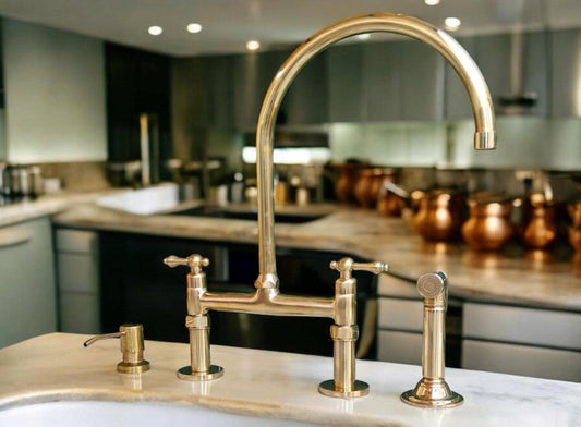 Bridge kitchen faucet with side sprayer Unlacquered Brass