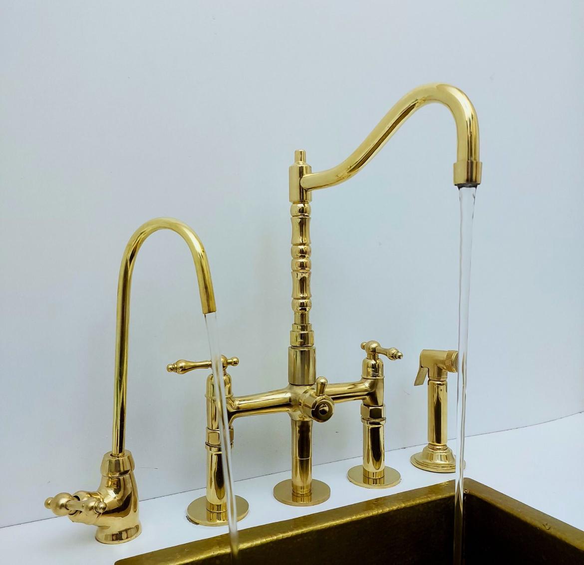 Luxury Brass Bridge Kitchen Faucet with Side Sprayer & Drinking Tap