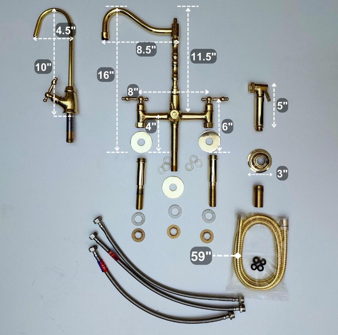 Luxury Brass Bridge Kitchen Faucet with Side Sprayer & Drinking Tap