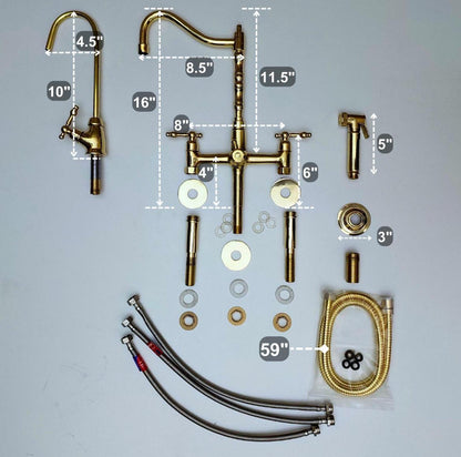 Luxury Brass Bridge Kitchen Faucet with Side Sprayer & Drinking Tap
