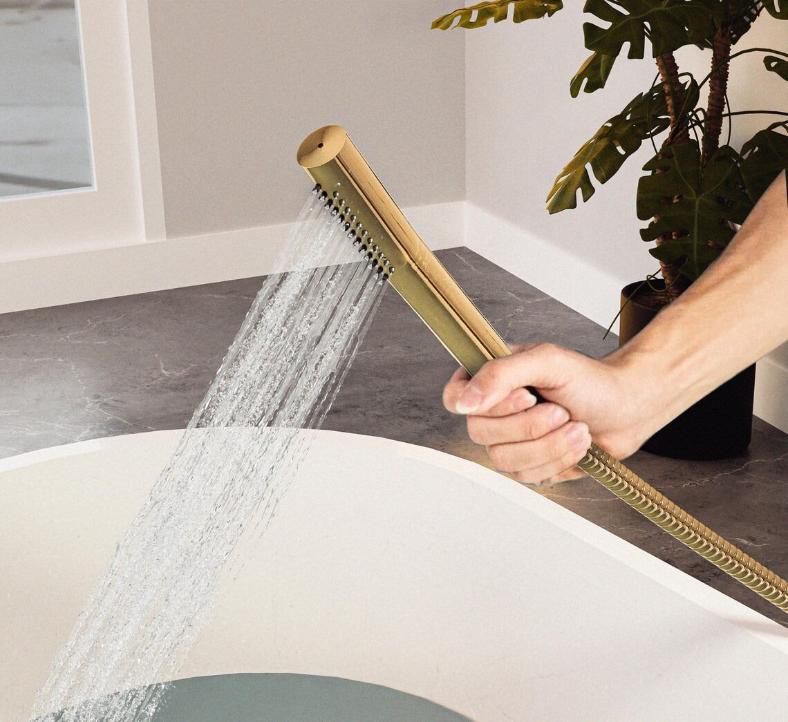 Luxury Brass Freestanding Tub Faucet with Hand Shower – Modern Floor Mounted Bath Filler