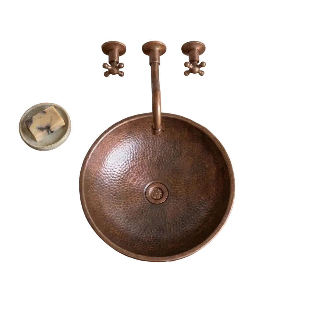 Aged Copper Vessel Sink – Hand Hammered Round Bathroom Vanity Basin - Brasska