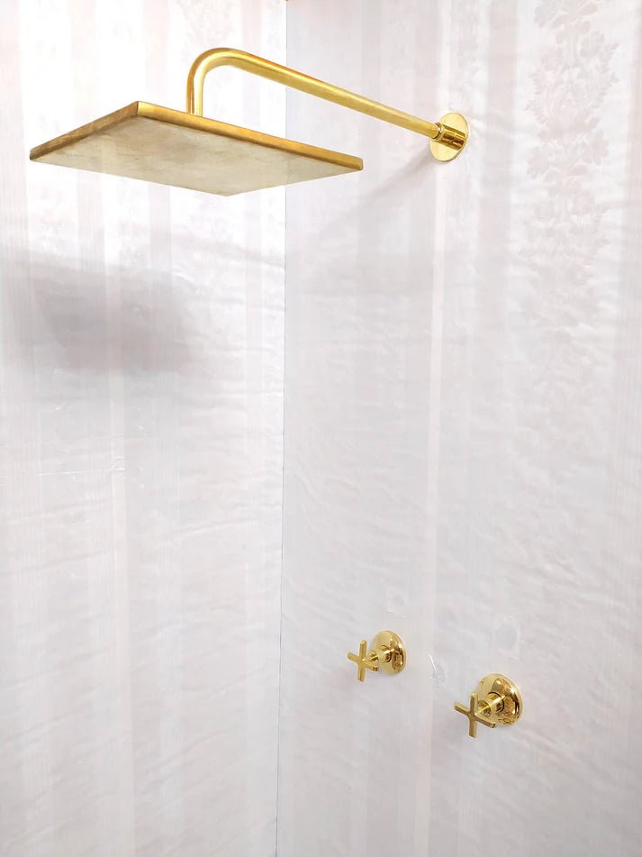 Antique Brass Shower System – Square Rain Shower Head with Dual Cross Handles - Brasska