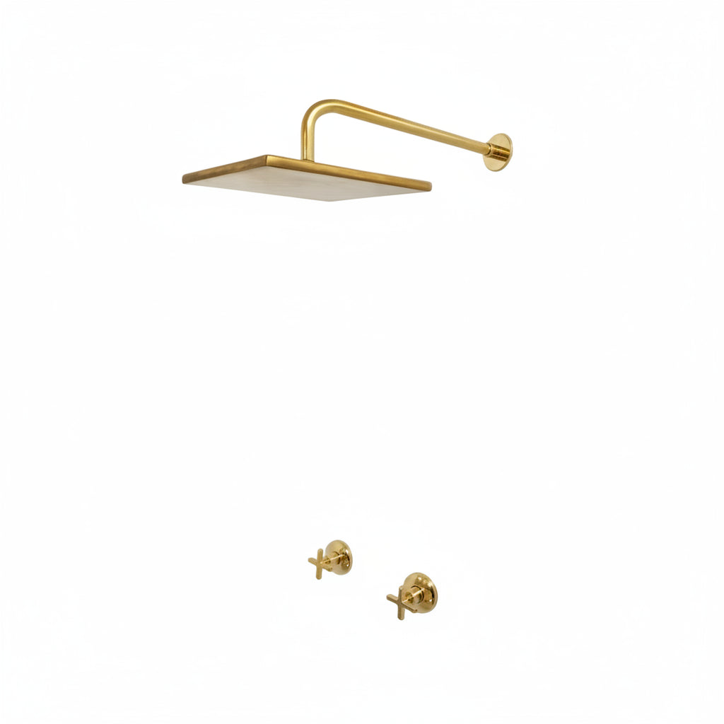 Antique Brass Shower System – Square Rain Shower Head with Dual Cross Handles - Brasska