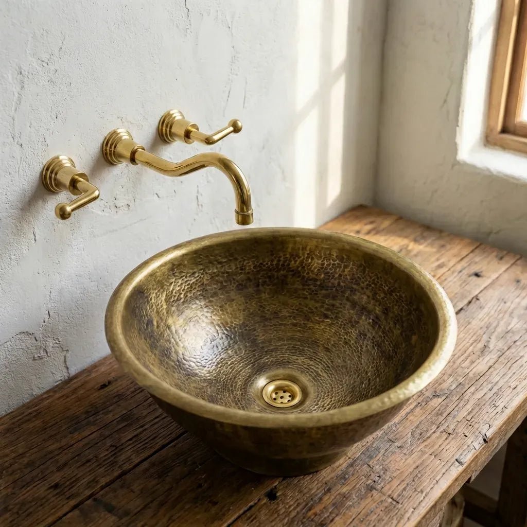 Antique Hammered Brass Vessel Sink Top Mount Bathroom Vanity - Brasska