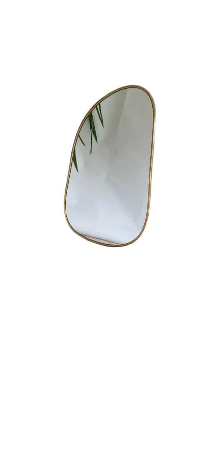 Asymmetrical Brass Framed Wall Mirror with a polished brass finish, suitable for modern living room or bedroom wall decor.