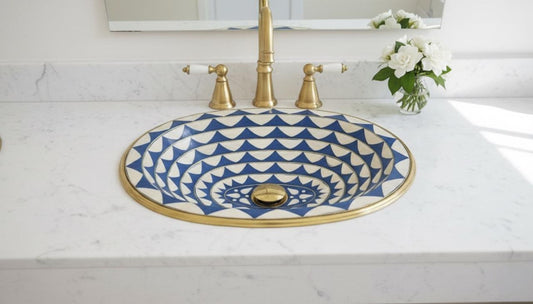 Handmade Brass Sink with Blue and White Geometric Design