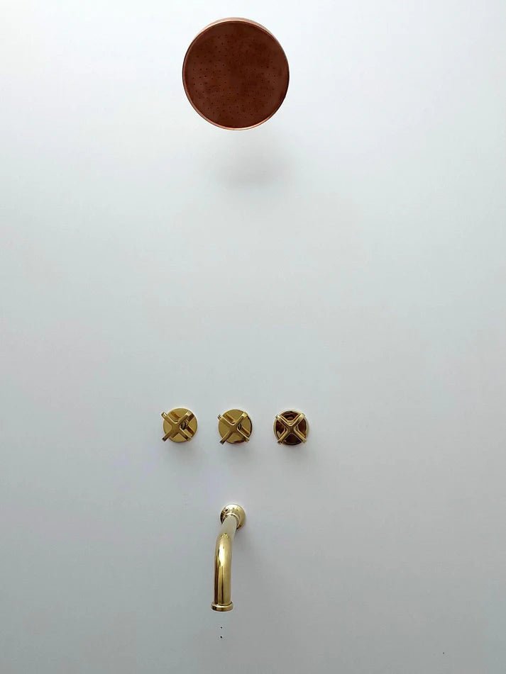 Brasska Unlacquered Brass Shower System – Wall Mounted with Tub Spout & Cross Handle - Brasska