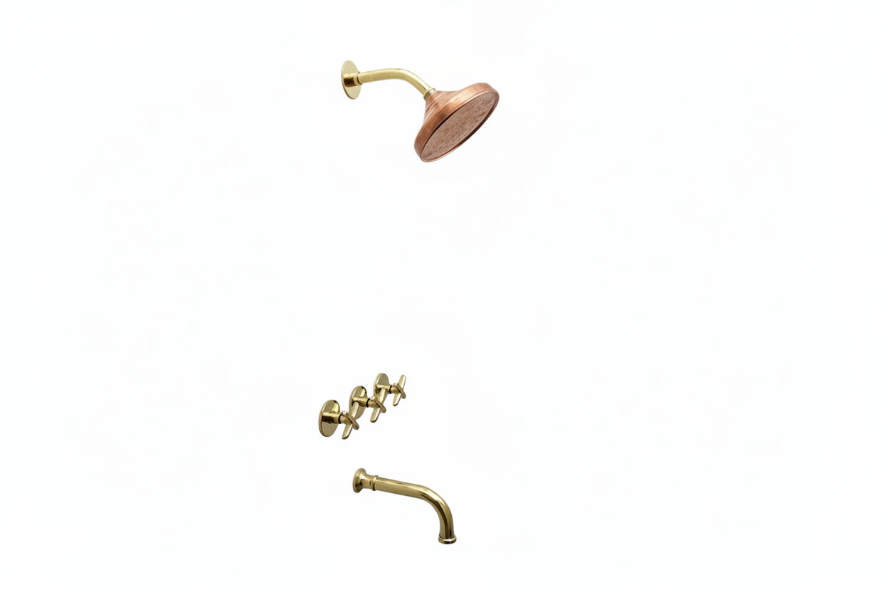 Brasska Unlacquered Brass Shower System – Wall Mounted with Tub Spout & Cross Handle - Brasska