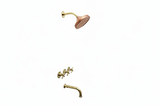 Brasska Unlacquered Brass Shower System – Wall Mounted with Tub Spout & Cross Handle - Brasska