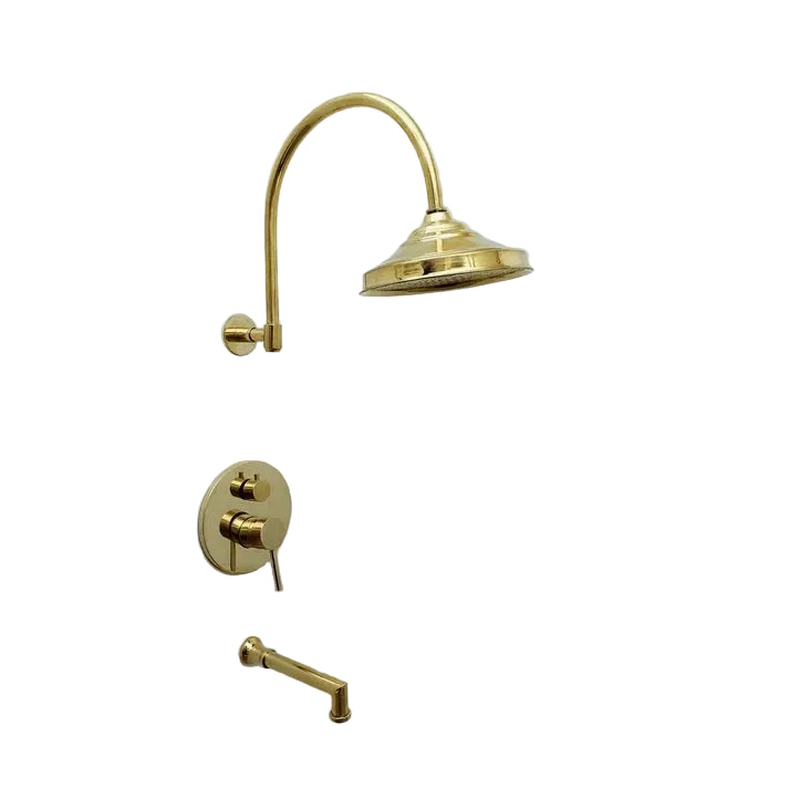 Brasska Unlacquered Brass Shower System with Tub Filler, Round Rain Shower Head, and Arcuate Arm - Brasska