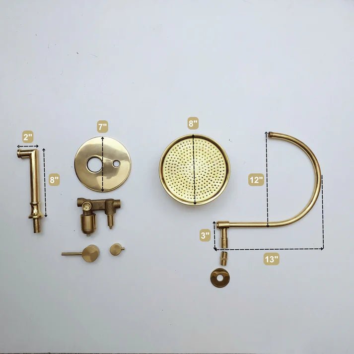 Brasska Unlacquered Brass Shower System with Tub Filler, Round Rain Shower Head, and Arcuate Arm - Brasska