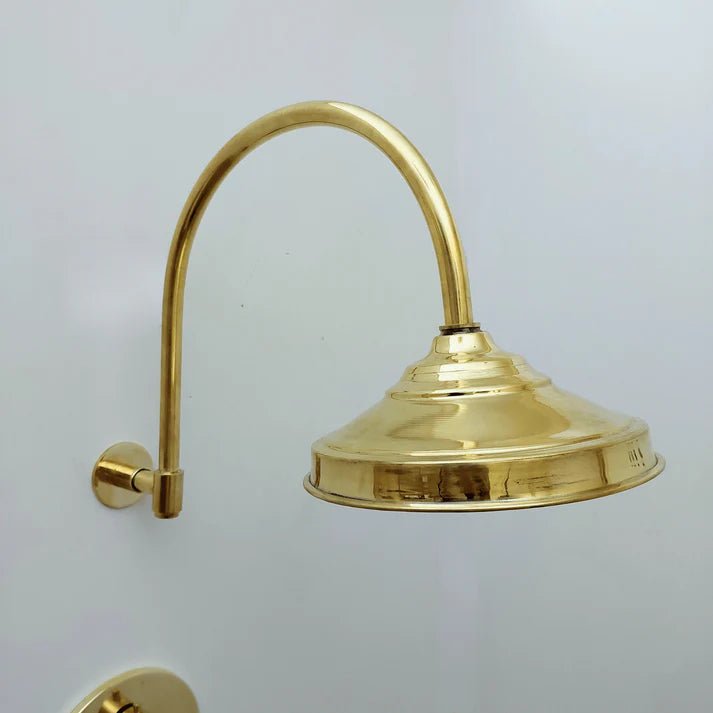 Brasska Unlacquered Brass Shower System with Tub Filler, Round Rain Shower Head, and Arcuate Arm - Brasska
