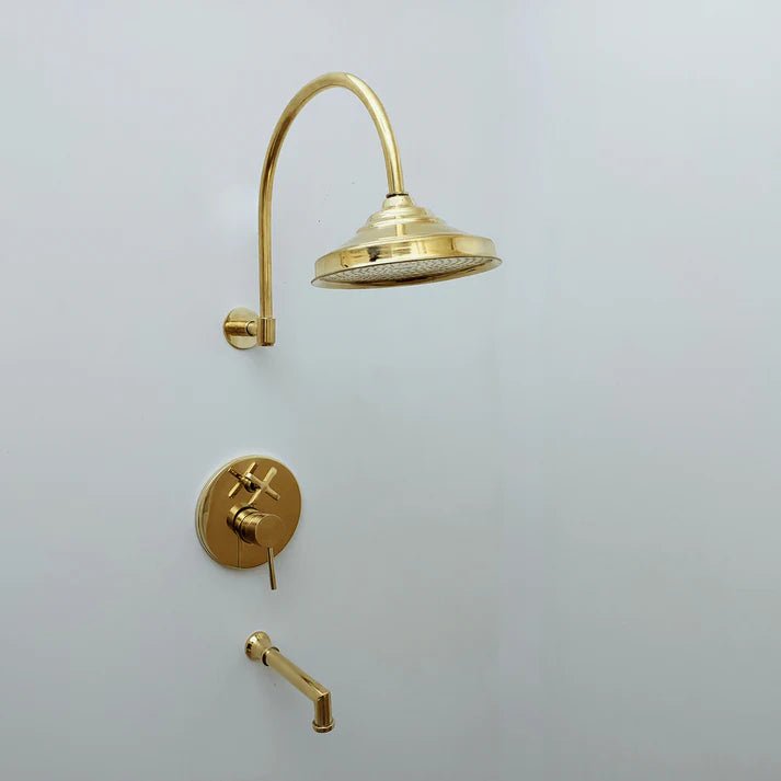 Brasska Unlacquered Brass Shower System with Tub Filler, Round Rain Shower Head, and Arcuate Arm - Brasska