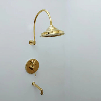 Brasska Unlacquered Brass Shower System with Tub Filler, Round Rain Shower Head, and Arcuate Arm - Brasska