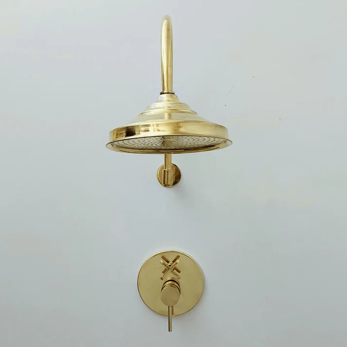 Brasska Unlacquered Brass Shower System with Tub Filler, Round Rain Shower Head, and Arcuate Arm - Brasska