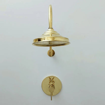 Brasska Unlacquered Brass Shower System with Tub Filler, Round Rain Shower Head, and Arcuate Arm - Brasska