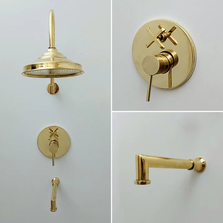 Brasska Unlacquered Brass Shower System with Tub Filler, Round Rain Shower Head, and Arcuate Arm - Brasska