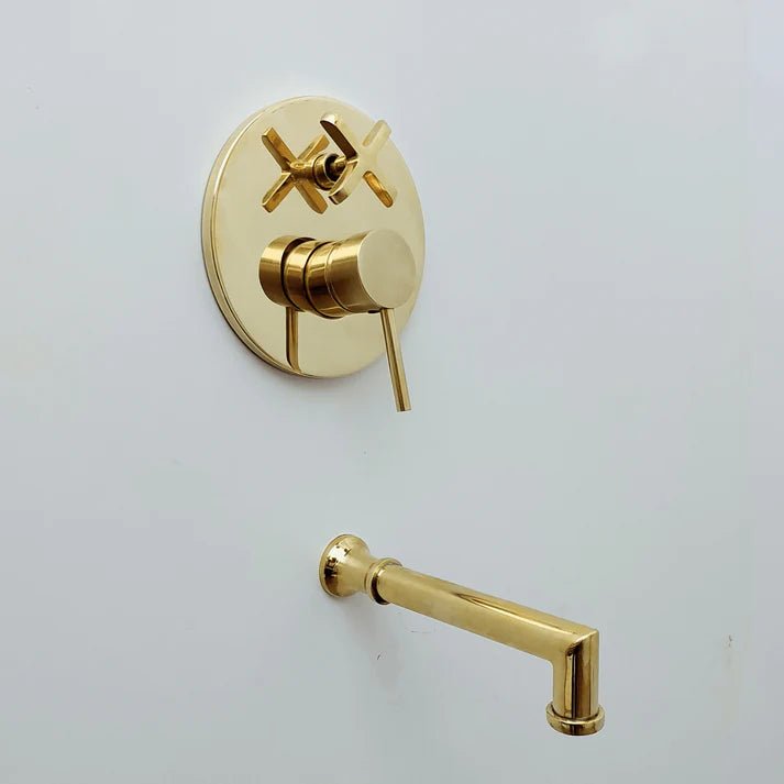 Brasska Unlacquered Brass Shower System with Tub Filler, Round Rain Shower Head, and Arcuate Arm - Brasska