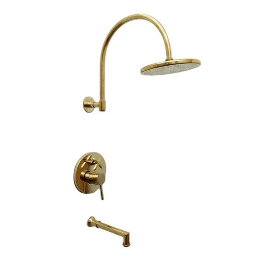 Brasska Unlacquered Brass Shower System with Tub Spout and Round Rainfall Shower Head - Brasska