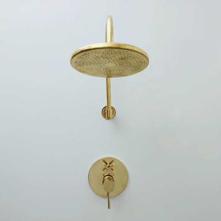 Brasska Unlacquered Brass Shower System with Tub Spout and Round Rainfall Shower Head - Brasska
