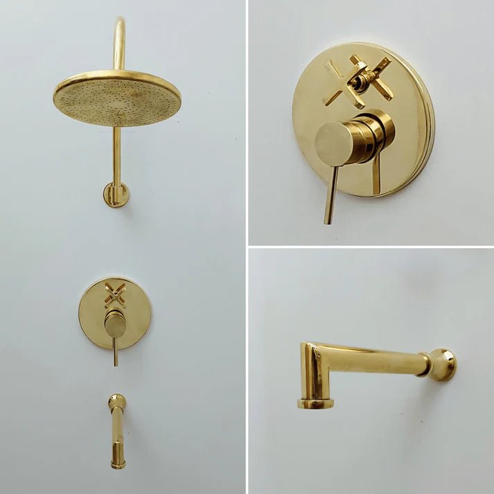 Brasska Unlacquered Brass Shower System with Tub Spout and Round Rainfall Shower Head - Brasska