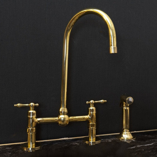 Victorian Bridge Kitchen Faucet with Side Sprayer – Unlacquered Brass