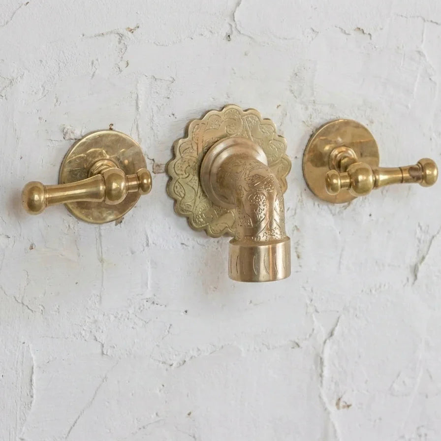 Engraved Brass Wall Faucet Vanity with Lever Handles - Sink Tap