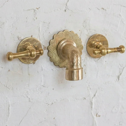 Engraved Brass Wall Faucet Vanity with Lever Handles - Sink Tap