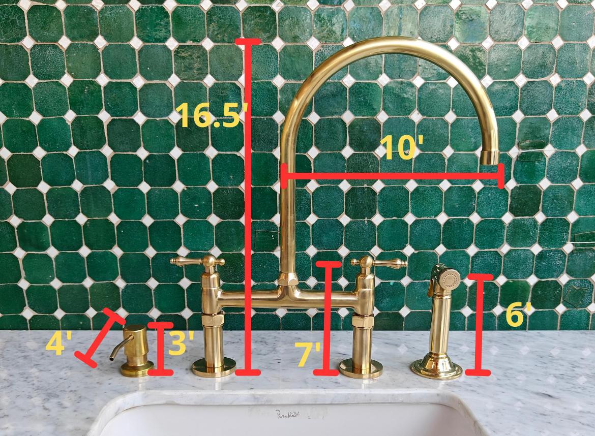 Bridge kitchen faucet with side sprayer in unlacquered brass finish, featuring durable brass construction and modern design.