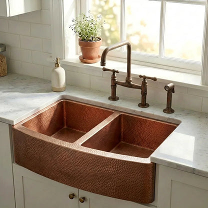 Copper Double Basin Farmhouse Sink-Sable - Brasska