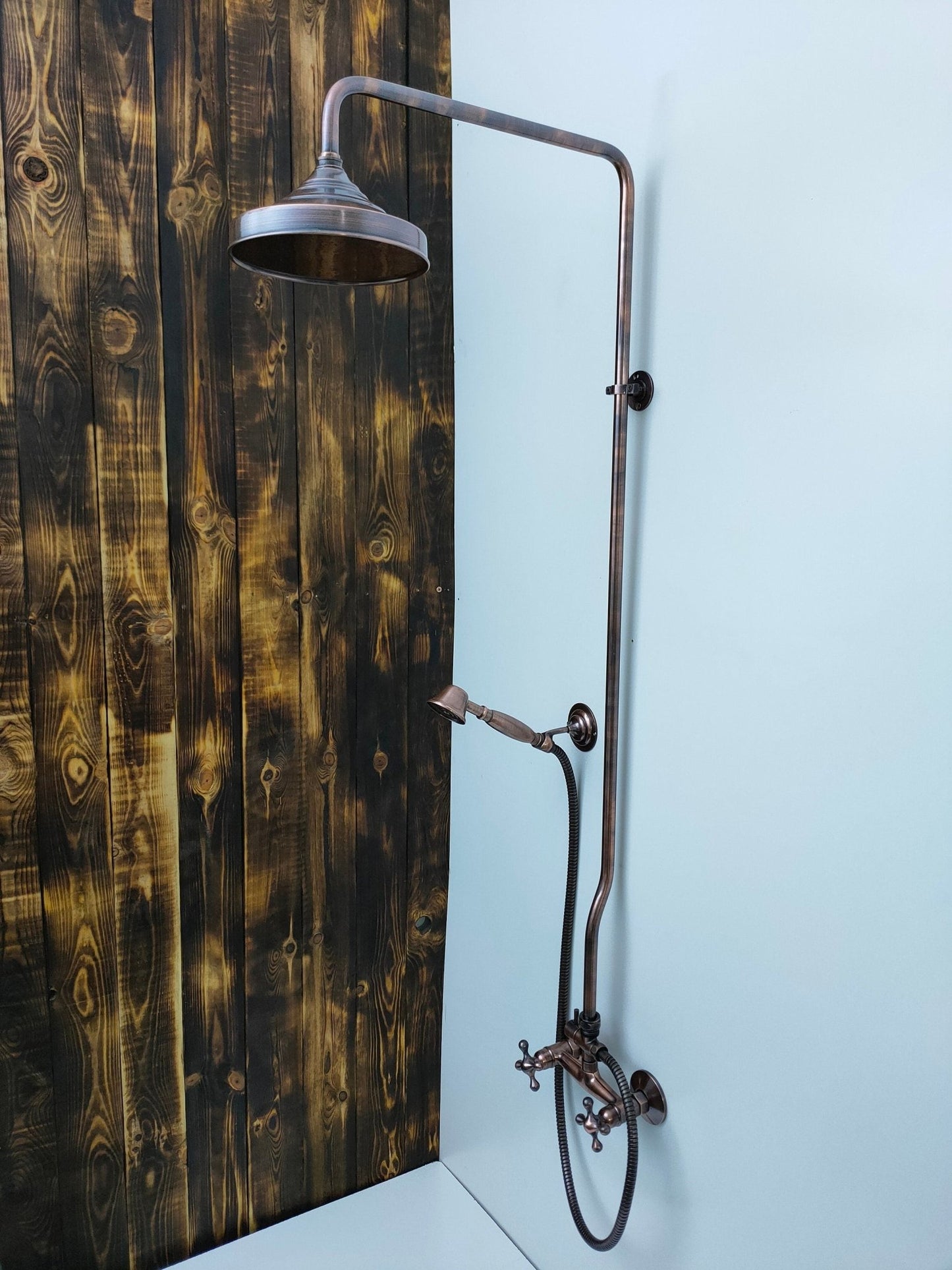 Copper Shower Mixer, 8" Round Copper Shower head and Hand Shower - Brasska