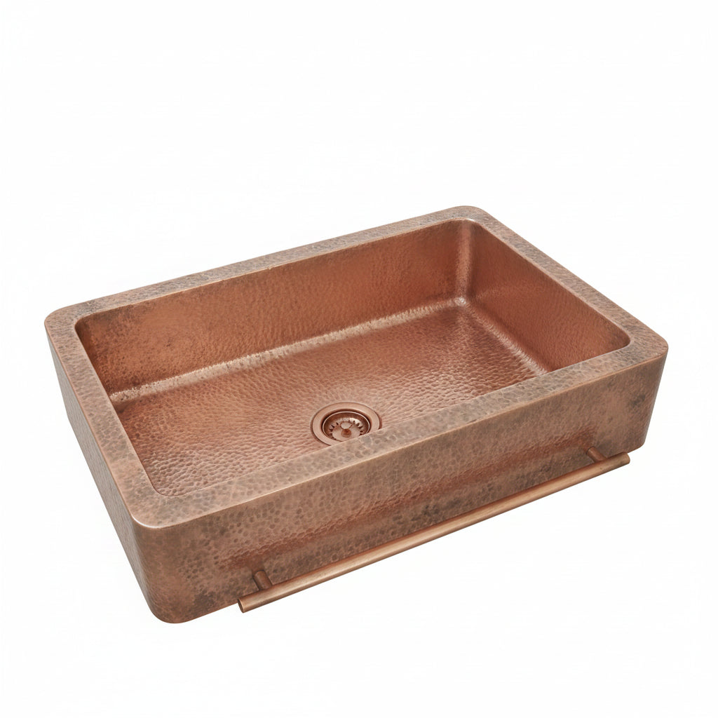Copper Sink Hammered Front Apron With Towel Bar-Bryn - Brasska