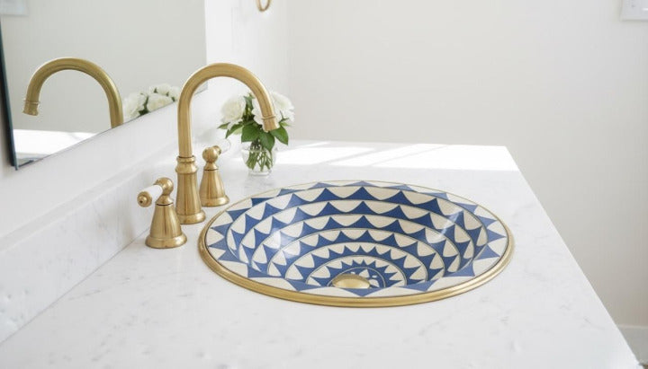Handmade Brass Sink with Blue and White Geometric Design