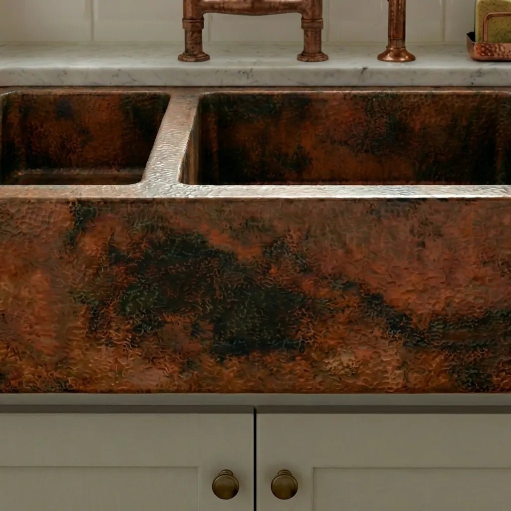 Double-Bowl Copper Farmhouse Kitchen Sink - Faye - Brasska