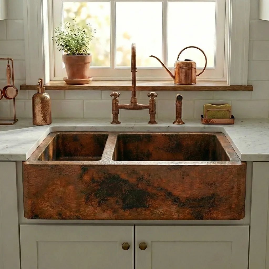 Double-Bowl Copper Farmhouse Kitchen Sink - Faye - Brasska