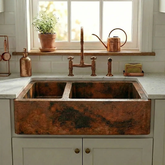 Double-Bowl Copper Farmhouse Kitchen Sink - Faye - Brasska