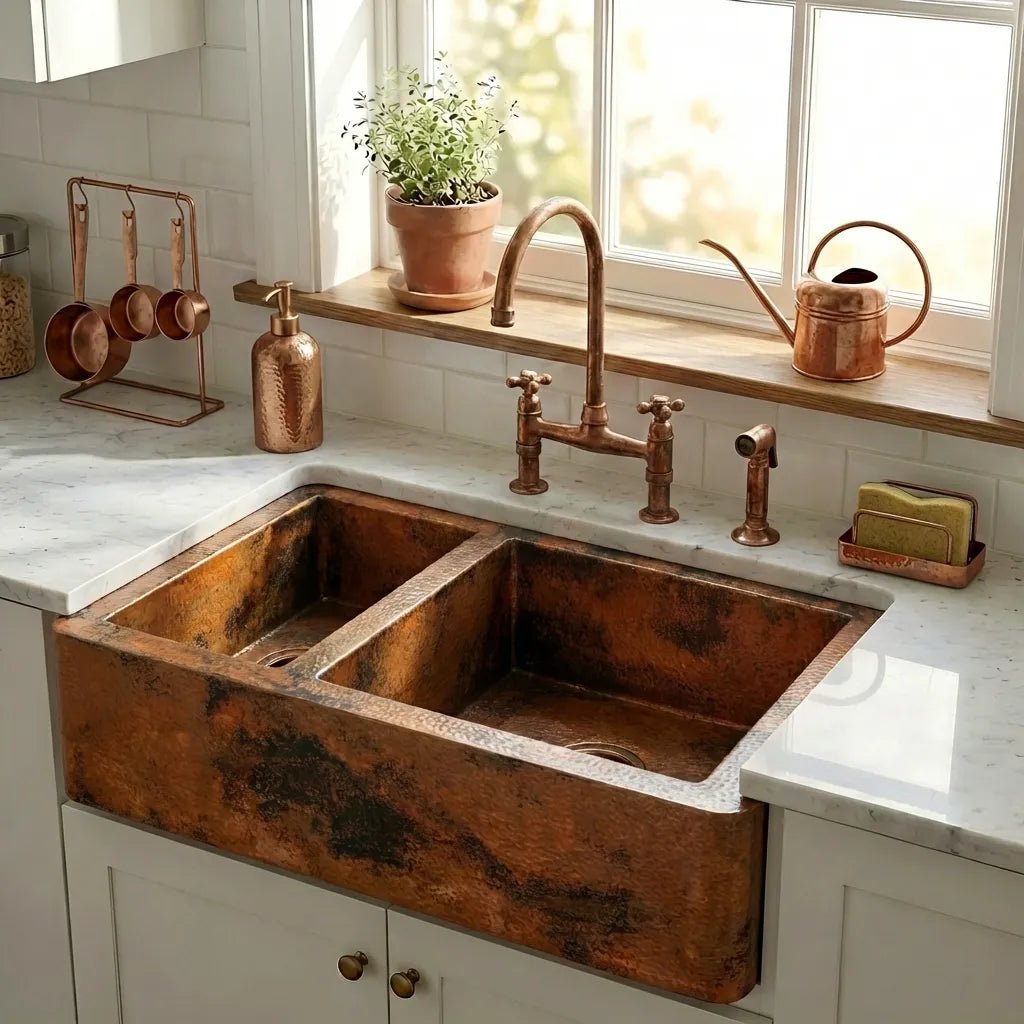 Double-Bowl Copper Farmhouse Kitchen Sink - Faye - Brasska