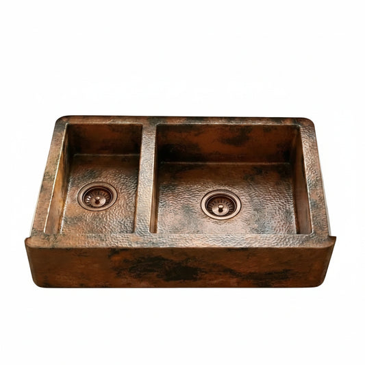 Double-Bowl Copper Farmhouse Kitchen Sink - Faye - Brasska