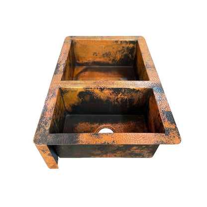 Double Bowl Copper Farmhouse Sink – Rustic Apron Front - Brasska