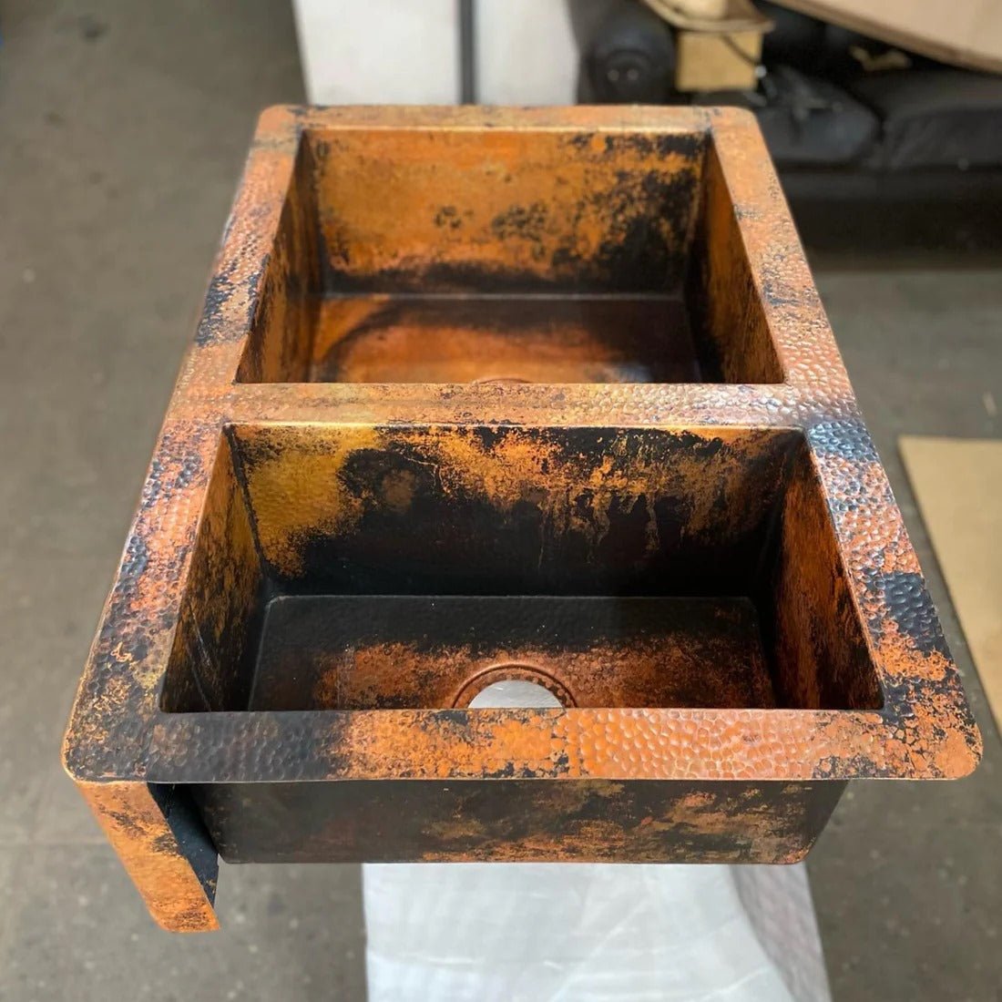 Double Bowl Copper Farmhouse Sink – Rustic Apron Front - Brasska